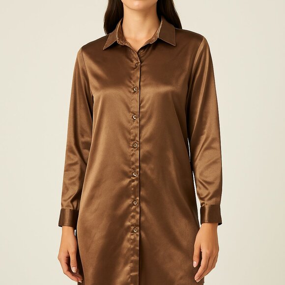 Princess Polly Satin Bronze Button-Up Shirt - Picture 1 of 5